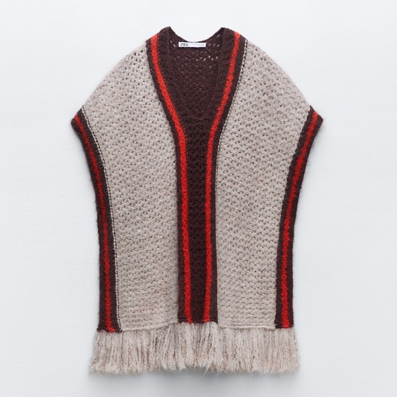 Zara cream, brown and red striped touch of wool poncho NWT - Picture 1 of 12